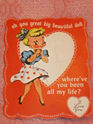 Vtg.  Valentine Card Pretty Lady Lollipop Candy Holder 1950s Big Doll