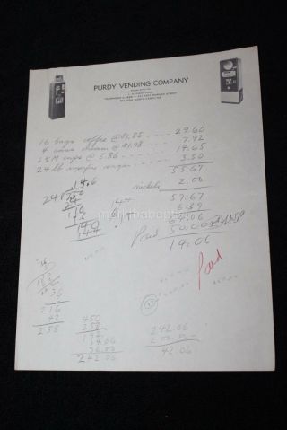 1950s Purdy Vending Co Receipt Raleigh Nc Coffee,  Coca - Cola Machine Letterhead