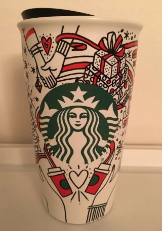 Starbucks 2017 Holiday Christmas Traveler Ceramic Cup 12 Oz
