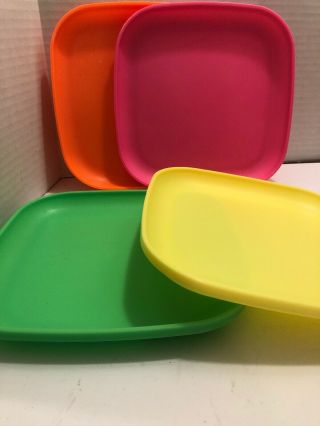 Set Of 4 Tupperware Pastel Square 8 " Plate Plates Orange,  Yellow,  Green,  And Pink