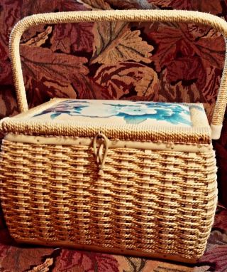 Vintage Wicker Rattan Sew Basket Box Water Color Silk Screen Art Satin Lined