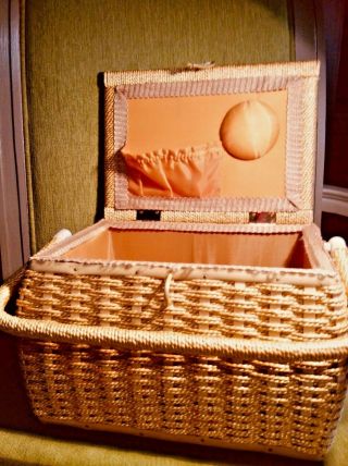 Vintage Wicker Rattan Sew Basket Box Water Color Silk Screen Art Satin Lined 2