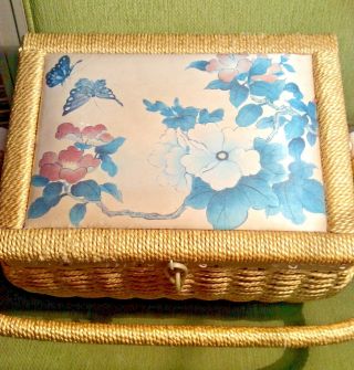 Vintage Wicker Rattan Sew Basket Box Water Color Silk Screen Art Satin Lined 3