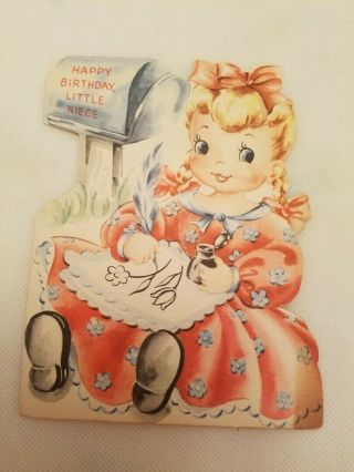 Vintage 1950s Birthday Greeting Card Pretty Little Girl By Mailbox Ink Drawing