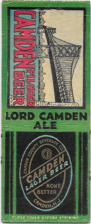 Camden Beer / Lord Camden Ale Matchbook - Camden,  Nj - 1930 