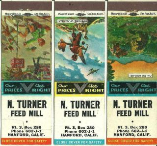 3 Different: N.  Turner Feed Mill,  Hanford,  Calif.  Matchcovers