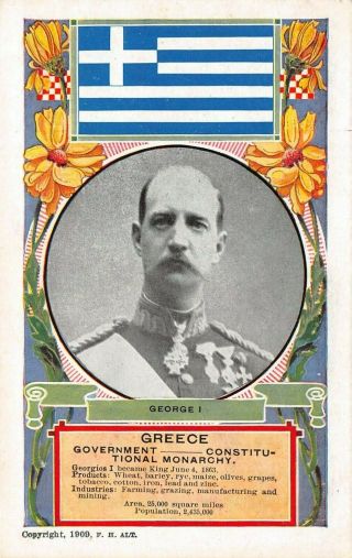 Lp49 Greece George I Royalty Monarchy Royal Family Postcard Flag King
