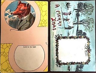 2 Vintage Hold - To - Light Holiday Postcards,  Christmas &valentine 