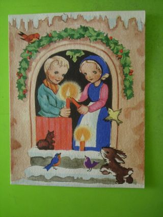 Vtg.  Brownie Christmas Card - Boy & Girl Light Christmas Candles - Animals Watch