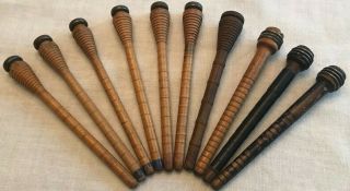 (10) Vtg Wooden Spindles Pirns Shuttle Loom Bobbins 8 1/2 " Weaving Tools