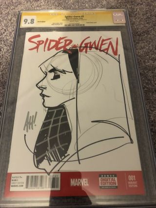 Spider - Gwen 1 Blank Sketch Variant Cgc 9.  8 Ss Signed & Sketched By Adam Hughes