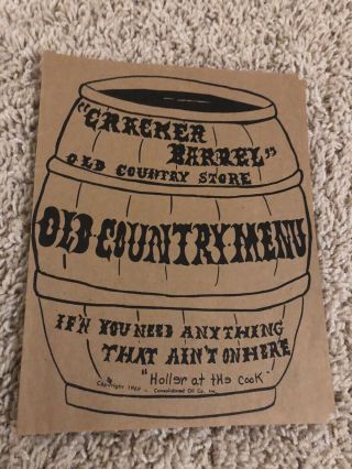 Cracker Barrel Old Country Store 1969 Vtg Barrel Menu