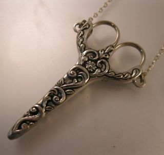 Antique Style Italian Designer Signed Scissors & Case Chatelaine Necklace Sewing