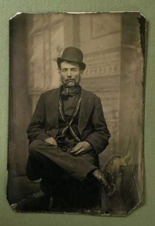Sixth - Plate Tintype Studio Portrait Of Young Man W/ Pipe And Hat Circa 1890
