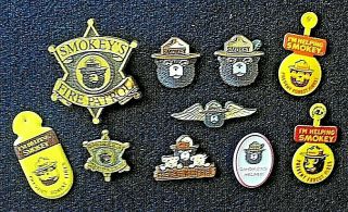Smokey Bear 10 Vintage Pins,  All Different - - - Prevent Forest Fires/wildfires