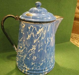 Lg Blue & White Swirl Agate Ware Coffee Pot Granite Ware Enamel Pitcher Country