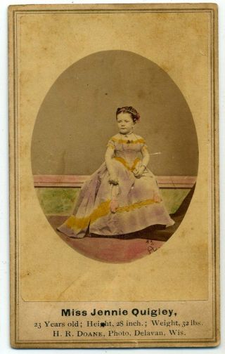 Midget Cdv - Jennie Quigley,  The Scottish Queen - Autographed - Hand Colored