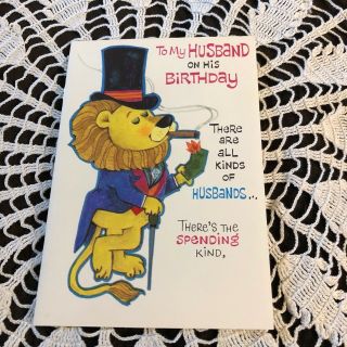 Vintage Greeting Card Birthday Husband Cute Lion Cigar Animals