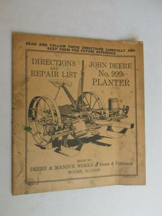 Ev67 John Deere Jd No 999 Planter Directions Repair List Mansur