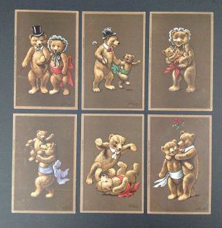 Artist Signed Ellam Teddy Bear Postcards - Set Of 6 - Chocolate Brown Backgrounds