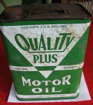 Vintage Quality Plus Motor Oil Two 2 Gallon Metal Can 100 Paraffine Base Empty