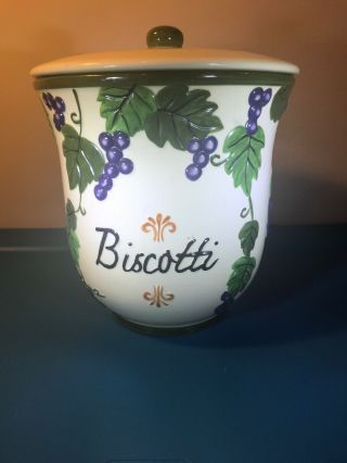 Nonni`s Large Cookie Jar Biscotti Grape Vine Design Hand Painted Tuscany