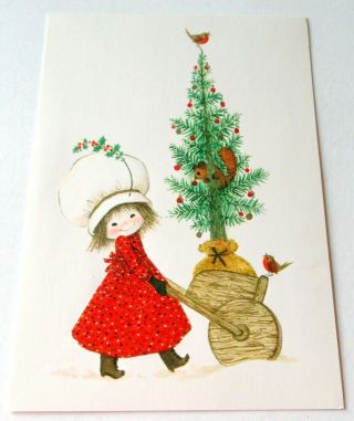 Vintage Christmas Card Old Fashioned Girl Luci Squirrel In Christmas Tree Birds