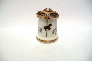 Thimble Porcelain Brown & White Carousel Horses W/decorative Brass Top