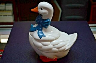 Large White Duck Ceramic Cookie Jar With Blue Bow