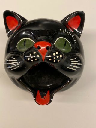 Vintage Japan Black Smoking Cat Head Ashtray Redware Incense Burner
