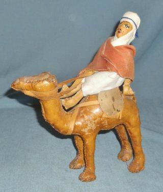 Vintage Hand Made Leather Camel W/ Rider Jockey Toy Figurine