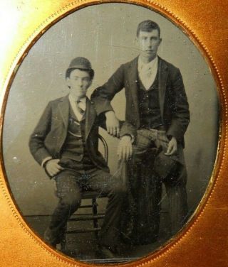 1/6th Size Tintype Image Of Two Younger Men In Brass Frame