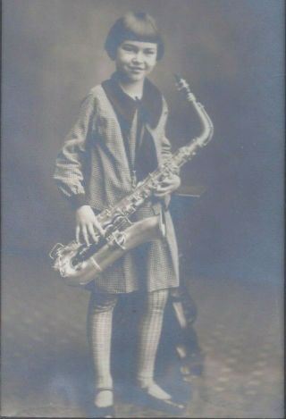 1920s Cabinet Photo Young Girl Holding Saxophone