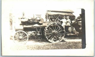 1910s Farming Rppc Real Photo Postcard Steam Tractor W/ 2 Farm Girls -