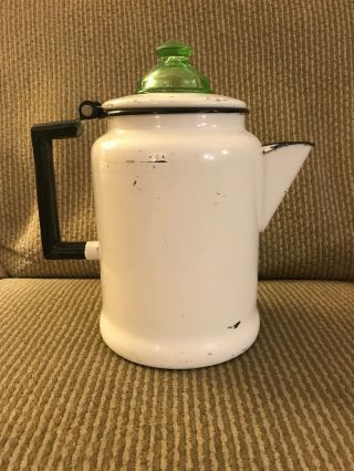 Vintage Metal Enamel Camping Coffee Pot White Cowboy With Green Glass Lid
