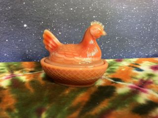 Indian Orange Slag Glass Nesting Chicken Salt Dip Hen On A Basket Dish