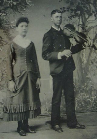 Antique Tintype Photo Of Young Woman Posing With A Young Man Playing The Violin