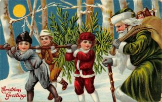 Scarce Green Robe Santa Claus With Toys Children 1911 Christmas Postcard - M674