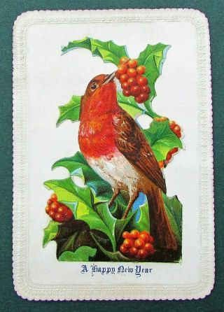 Victorian Year Card,  Shaped Scrap Of Robin On Deckle Edged Card,  1873