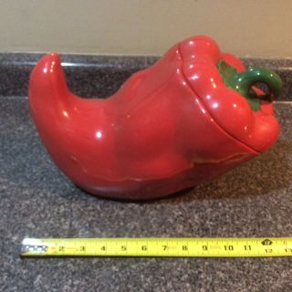 Clay Art Cayenne Red Chili Pepper Cookie Jar Canister Green Handle Hand Painted