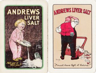 2 Swap Playing Cards English Advertising Andrews Liver Salts Young Boy & Man