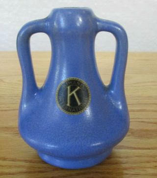 Vintage Kiwanis International Blue Double Handled Pottery Jug Bud Vase