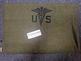 Us Military Od Green Wool Blanket With Medical Symbol Issue Vintage