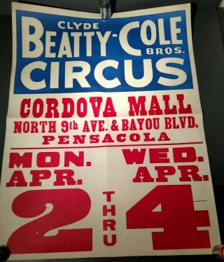 Vintage Clyde Beatty Cole Bros Circus Poster Pensacola Florida 28 " X 21 "