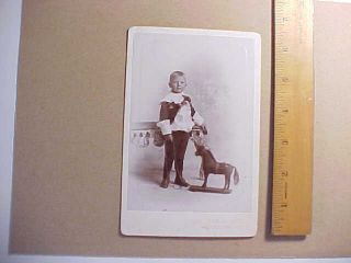 1880s Cabinet Photo Little Cincinnati Boy With Horse Pull Toy By Elite Studio Vg