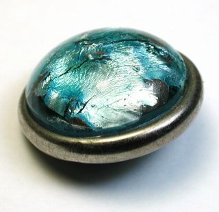 Antique Glass Button In Metal Button Aqua Color Popper Like Glass Dome 1 & 1/8 "