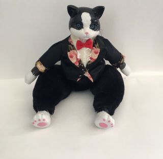 Anco Black & White Tuxedo Kitty Cat Doll Porcelain Head Stuffed Plush Body