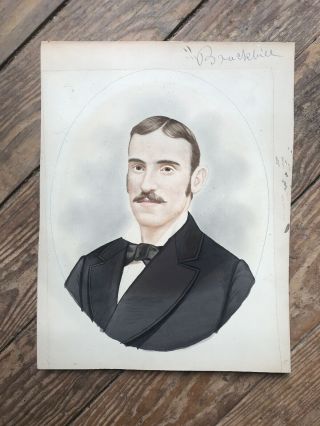 Antique Victorian Painting Portrait Gentleman Overpainted Photo Artist Markings