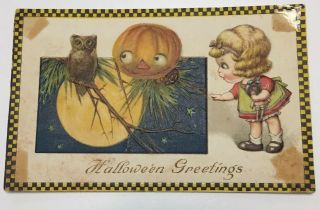Halloween Postcard Winsch Series Jason Freixas Checkered Border Owl Girl Jol