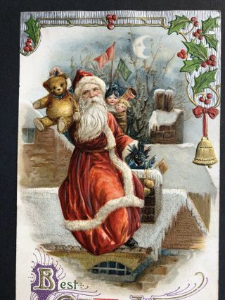 Christmas - John Winsch Santa Claus Embossed Black Doll & Teddy Bear Postcard